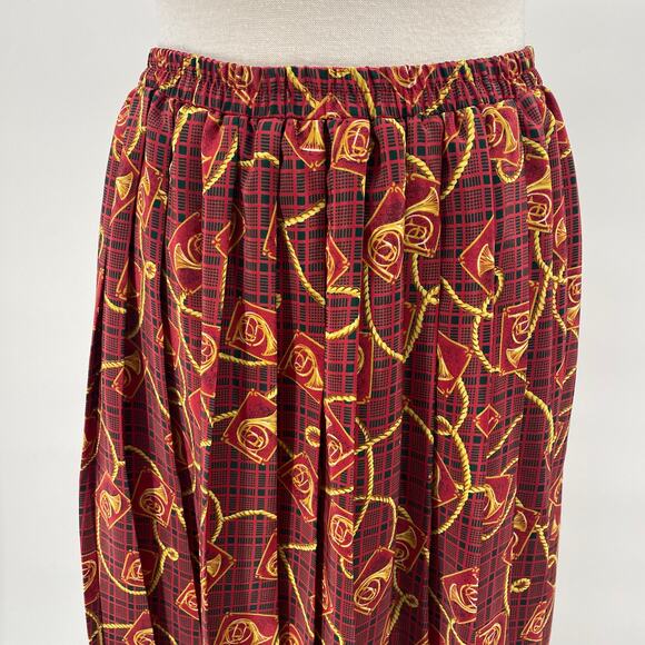 Vintage 80s Pleated Midi Skirt French Horns Mixed Print Pull on Maroon Green S - Picture 3 of 8